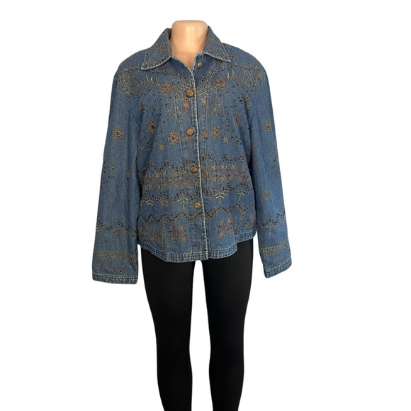 New Direction Vintage Denim Jacket Blue Embroidered Flowers Button Up - Picture 2 of 10